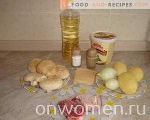 Meso s krompirjem in lonci gob v pečici